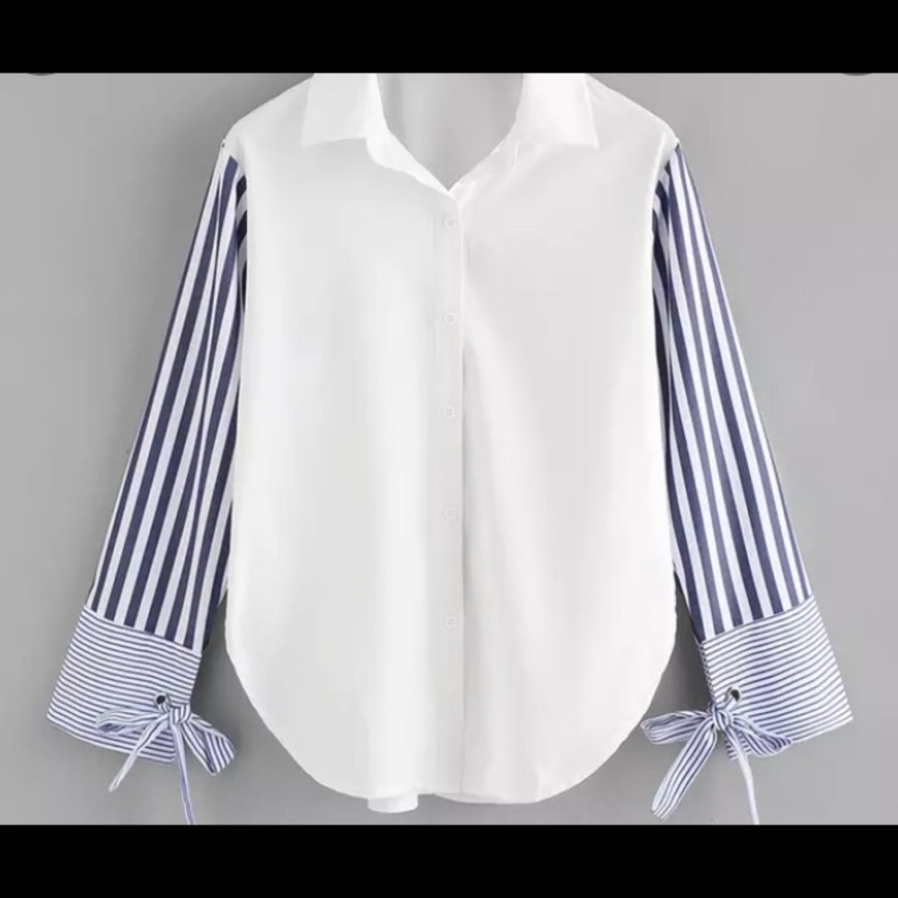 SHEIN White Crisp Button-Down Shirt with Blue Striped Bow tie Sleeves NWOT
